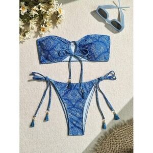 NEW Bandeau String Bikini Blue Paisley‎ Strapless Tie Side Tassel Cheeky Sexy S